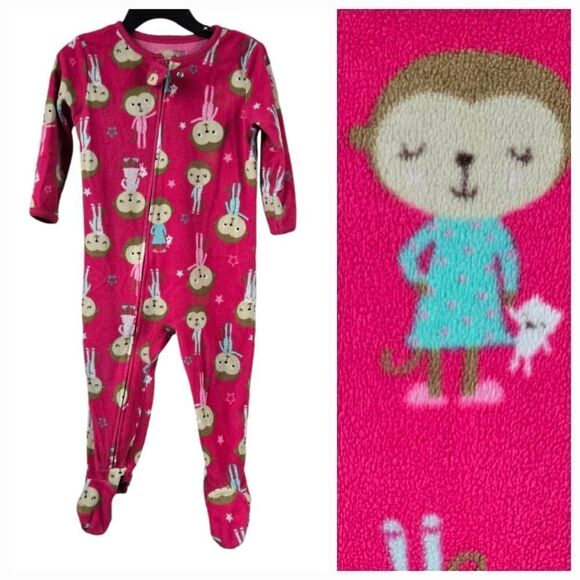 Carter's Girls 18M Pink Monkey Print 1-Piece Fleece Footie PJs Sleep Play Pajama - Picture 1 of 6